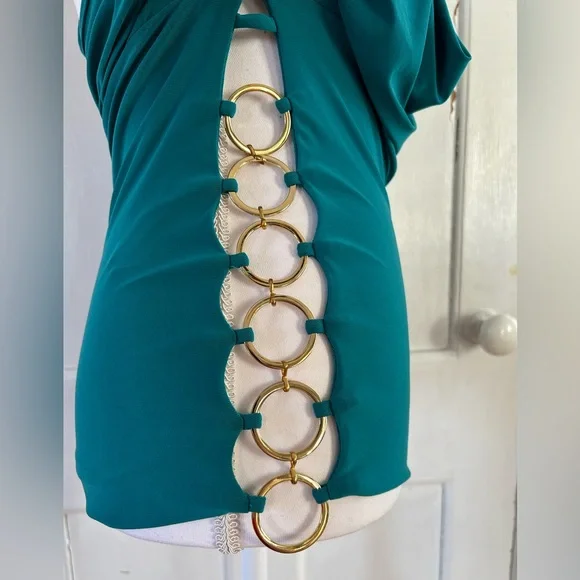 Symphony Turquoise Drape Front Dress with Gold Chain Sides NWOT size Small - Picture 5 of 8